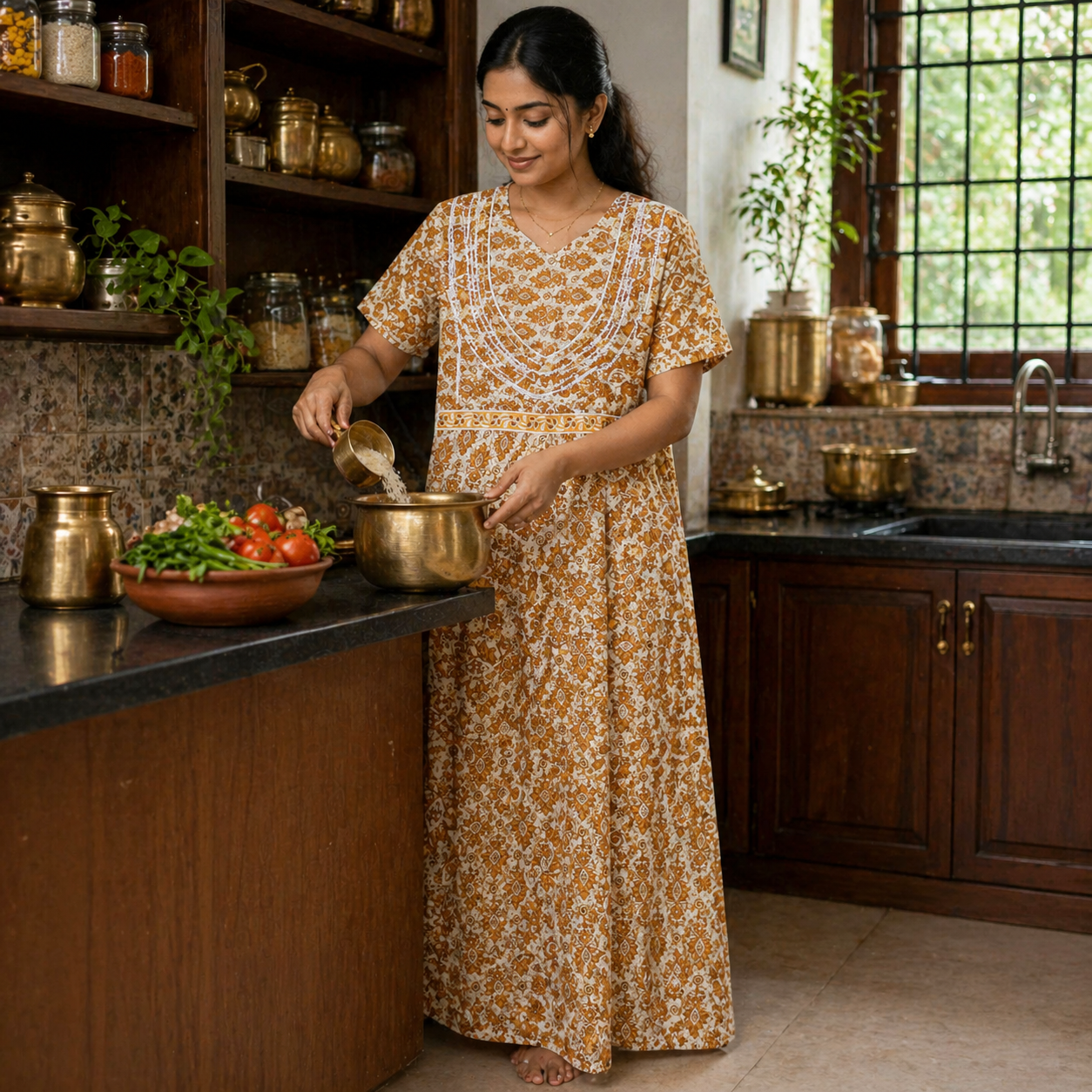 night dress cotton for ladies Women's Printed Nighty – Brown Floral Comfort Gown – Ankita Designs And Events custom-sleeve-length Sparkly Burgundy Metallic Sequin The satin on the Size:15 1/2-34/35