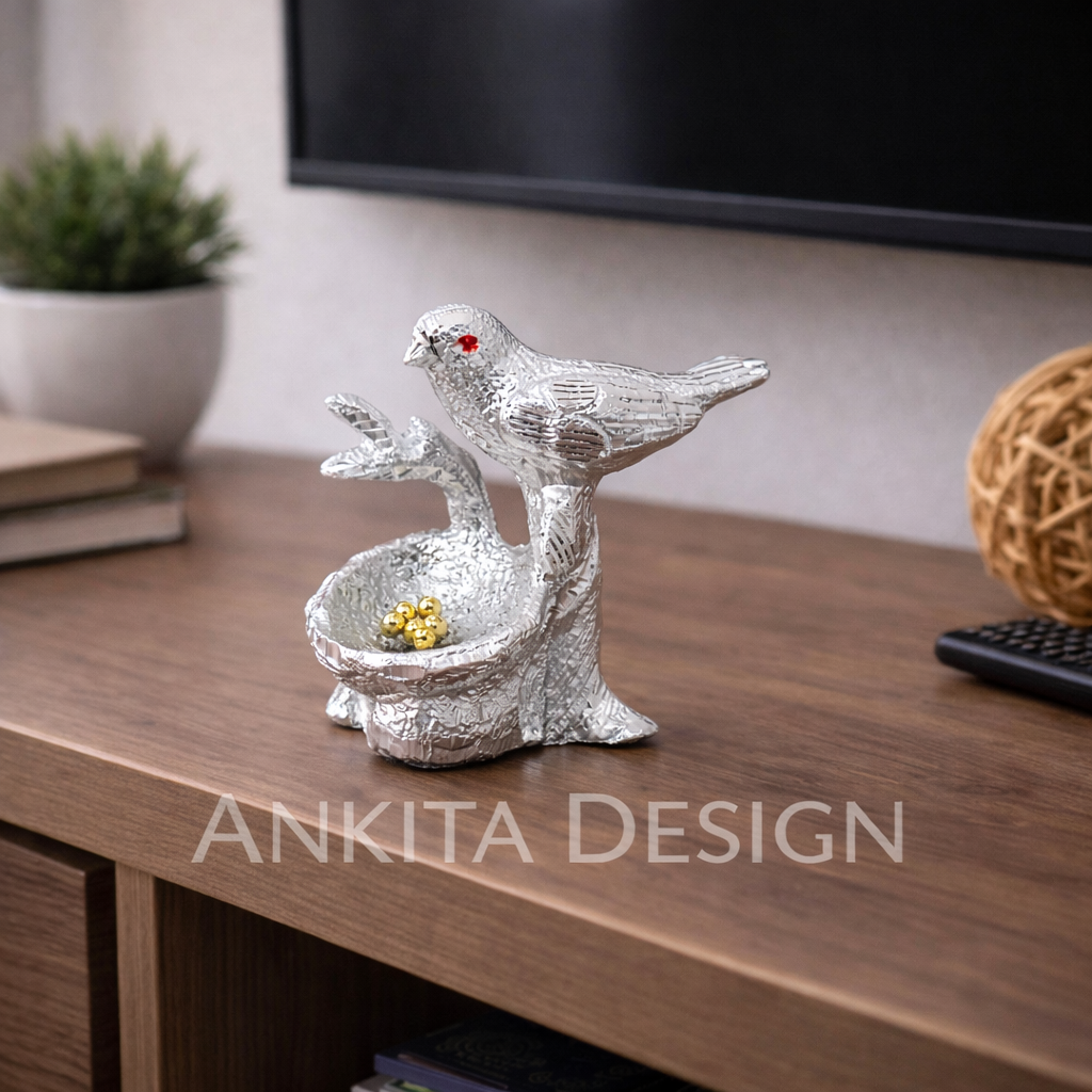 Bird Nest Decorative Bowl Showpiece (Silver Finish)
