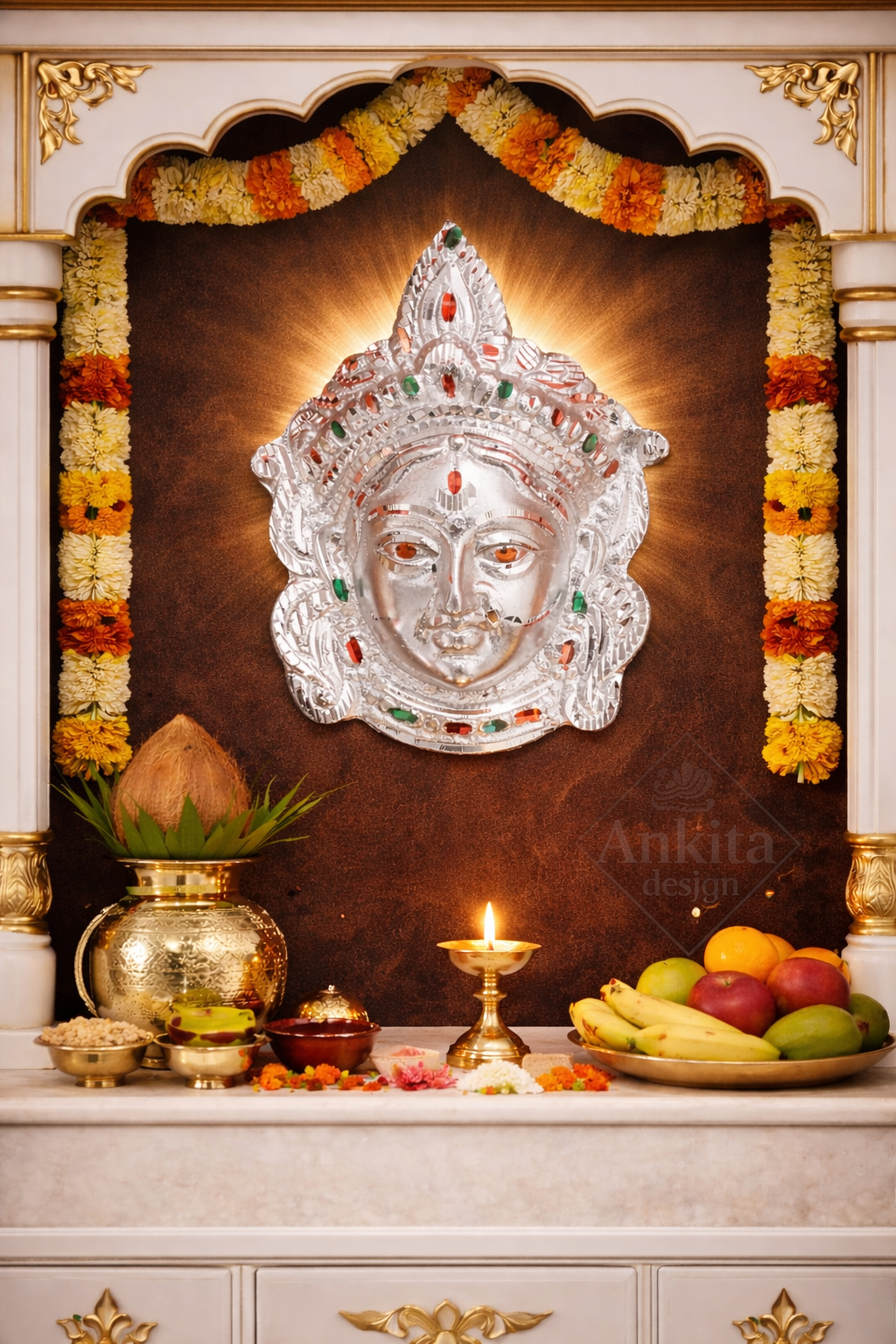 Goddess Lakshmi Face Wall Hanging (Silver Finish Divine Décor)