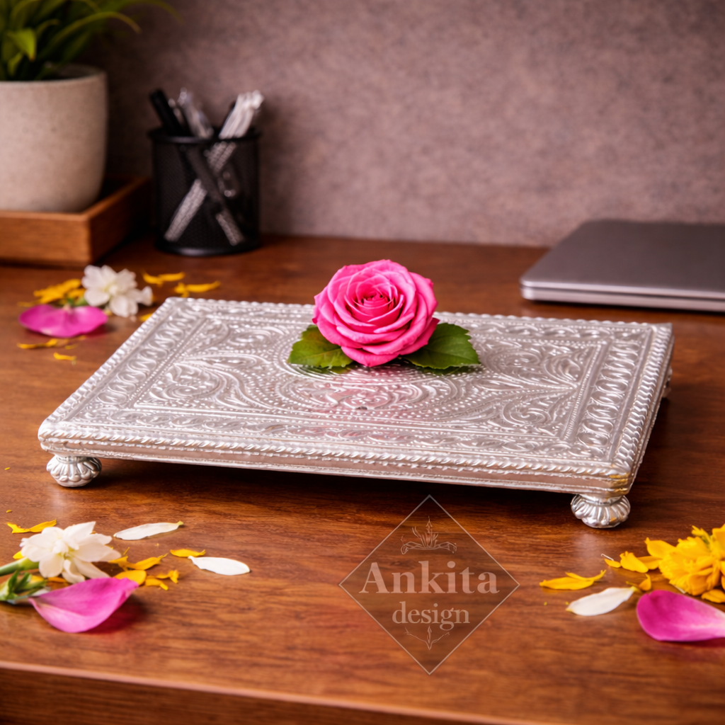 Chowki patta | Rectangular Pooja Chowki (Silver Finish Decorative Platform)