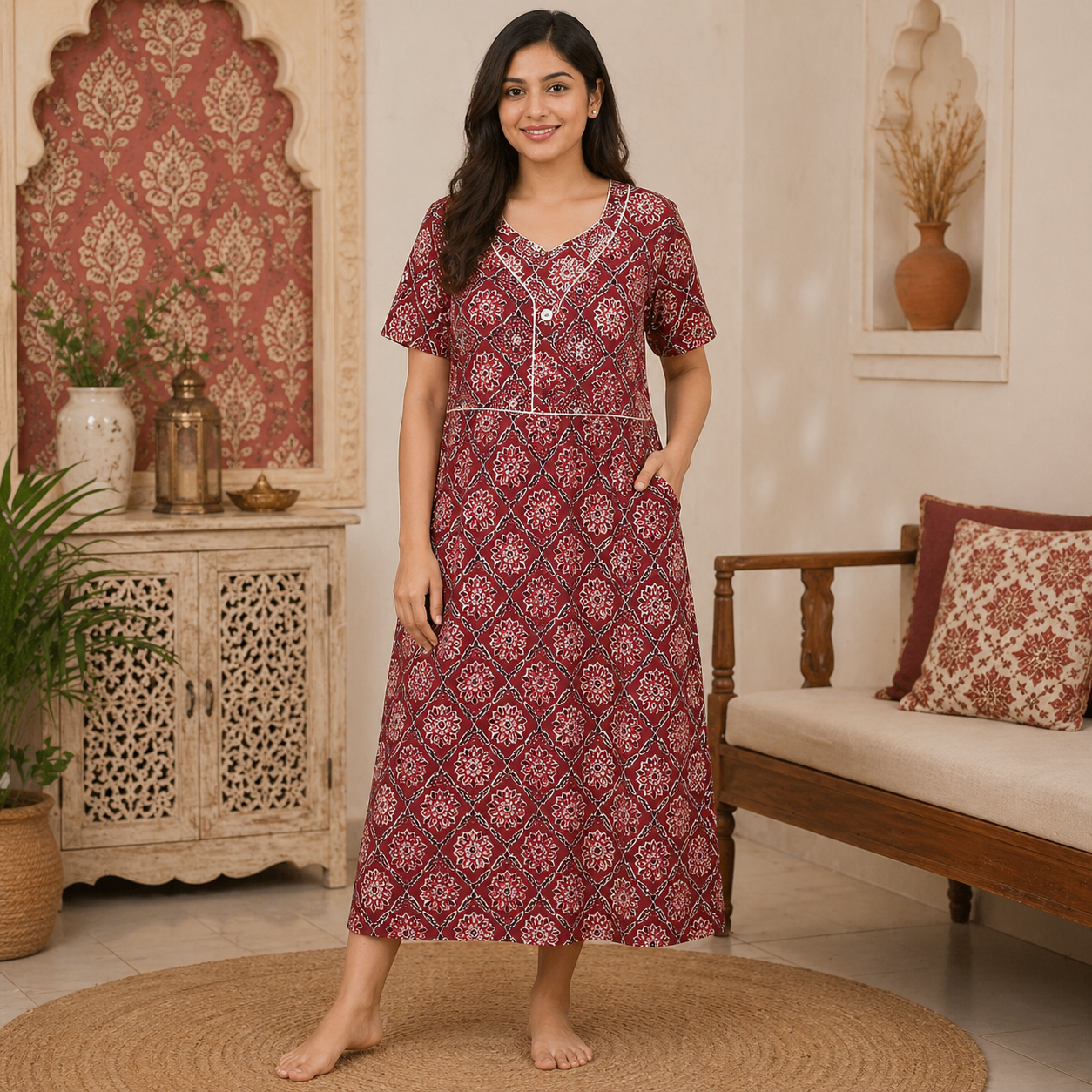 Women's Printed Cotton Nighty / Lounge Gown (Red Floral Design) – Soft – Ankita Designs And Events