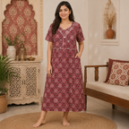 Women’s Printed Cotton Nighty / Lounge Gown (Red Floral Design) – Soft Daily Wear
