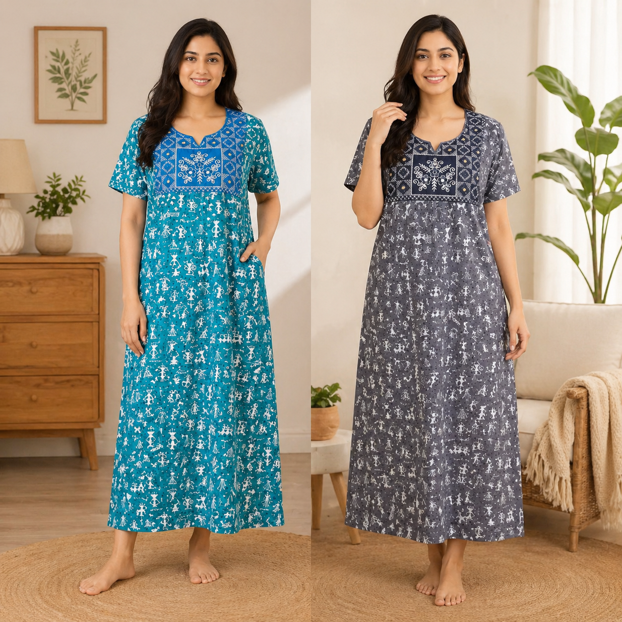 Women’s Printed Cotton Nighty / Lounge Gown – Soft Comfortable Daily Wear