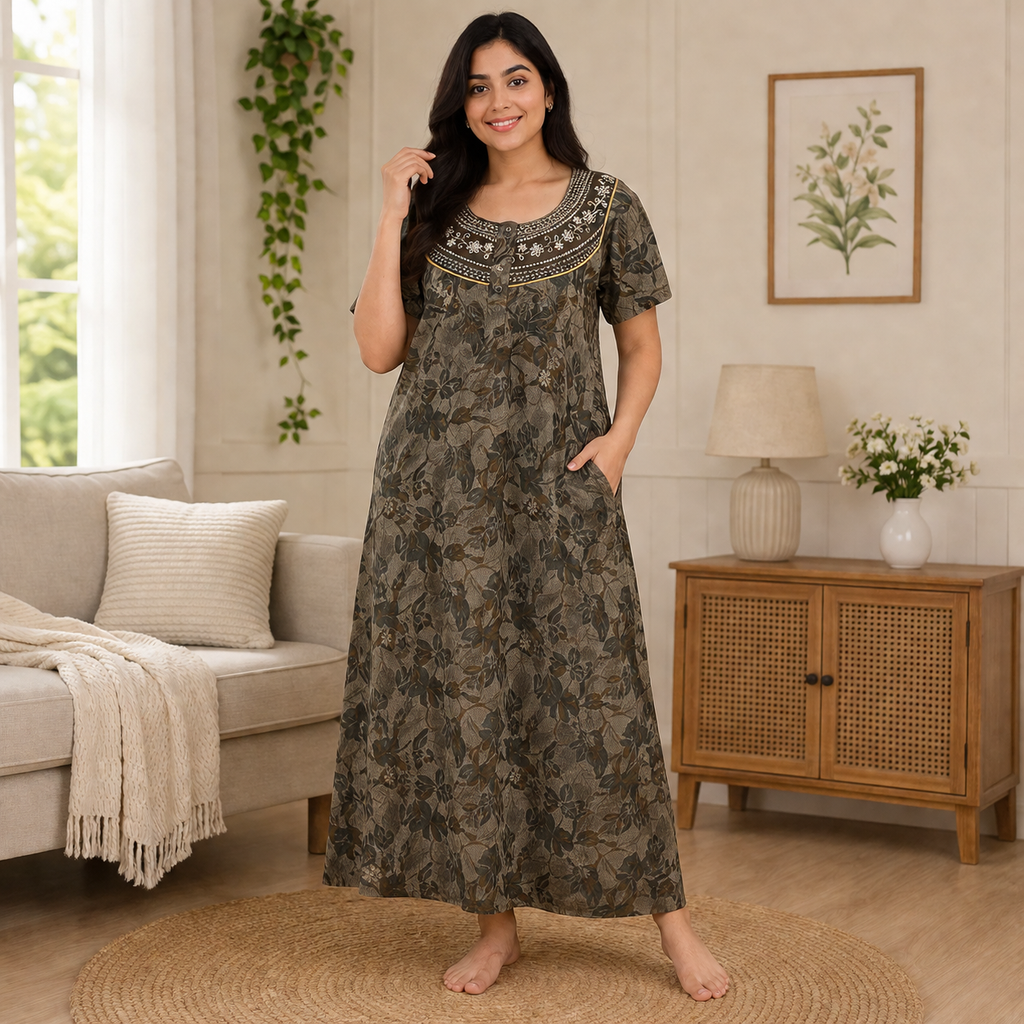 Women’s Printed Cotton Nighty / Lounge Gown  – Soft Comfortable Daily Wear