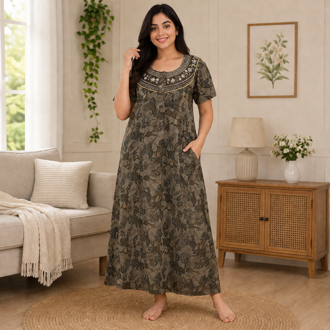Women’s Printed Cotton Nighty / Lounge Gown  – Soft Comfortable Daily Wear