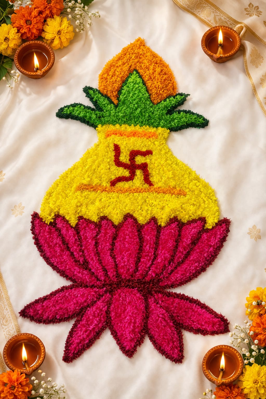 फुलांची कलश डिझाइन रेडीमेड रांगोळी | Floral Kalash Design Decorative Rangoli