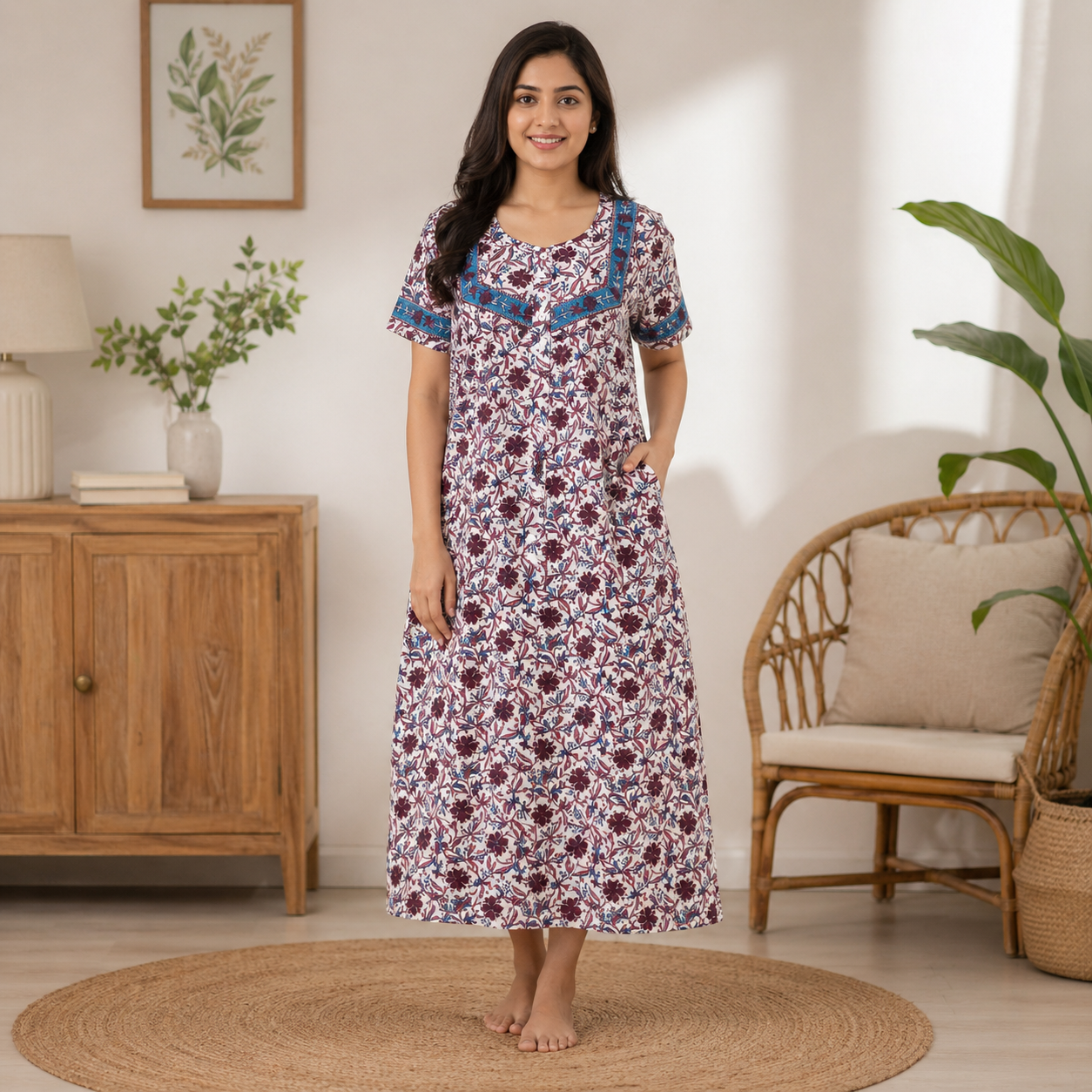 Women’s Floral Printed Cotton  Jaipuri Nighty / Lounge Gown – Comfortable Daily Wear