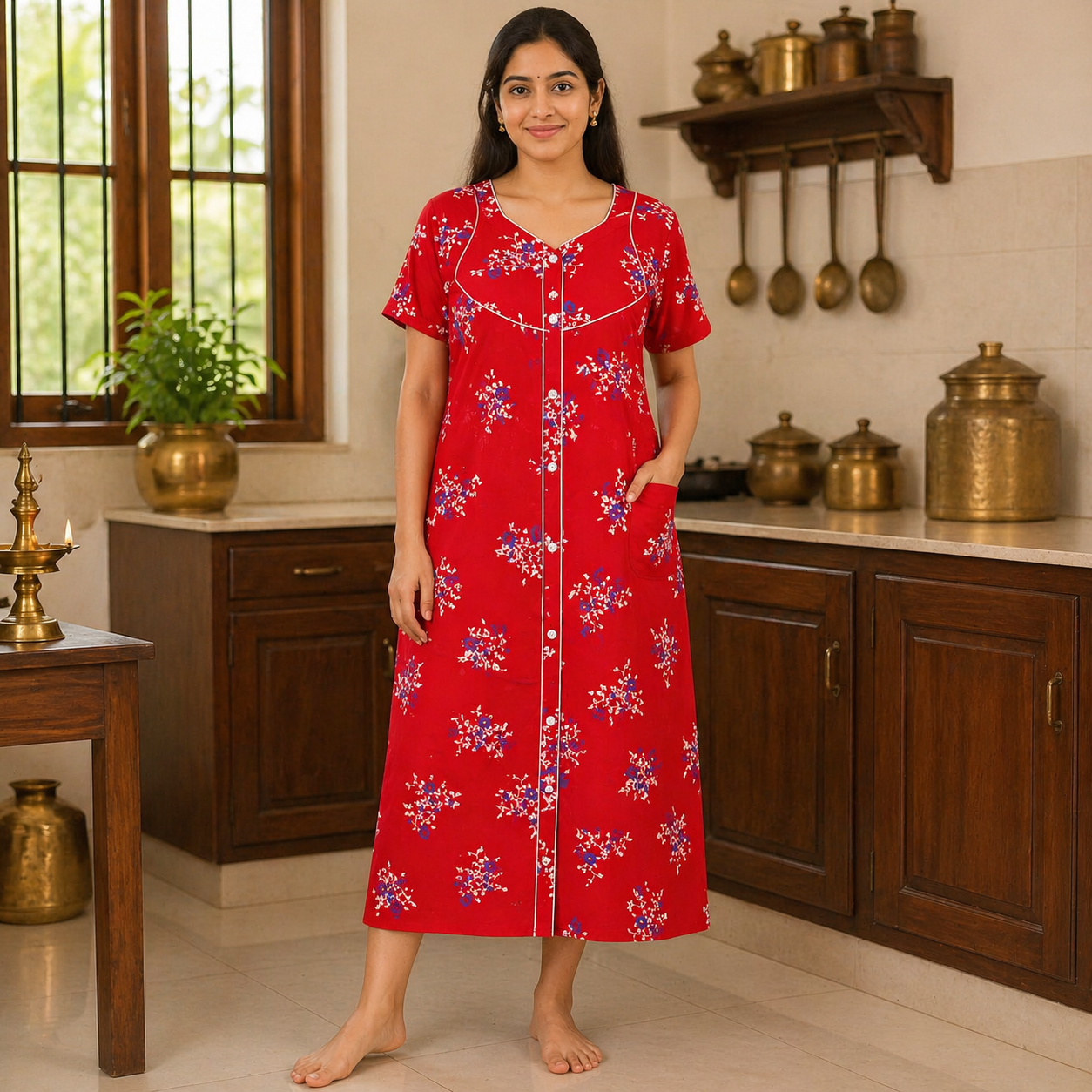 Floral Printed Cotton Nighty for Women – Comfortable Front-Open Daily Wear Gown