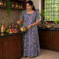 Women’s Cotton Nighty – Grey &amp; Purple Floral Print Night Gown with Designer Panel Yoke