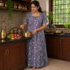 Women’s Cotton Nighty – Grey &amp; Purple Floral Print Night Gown with Designer Panel Yoke