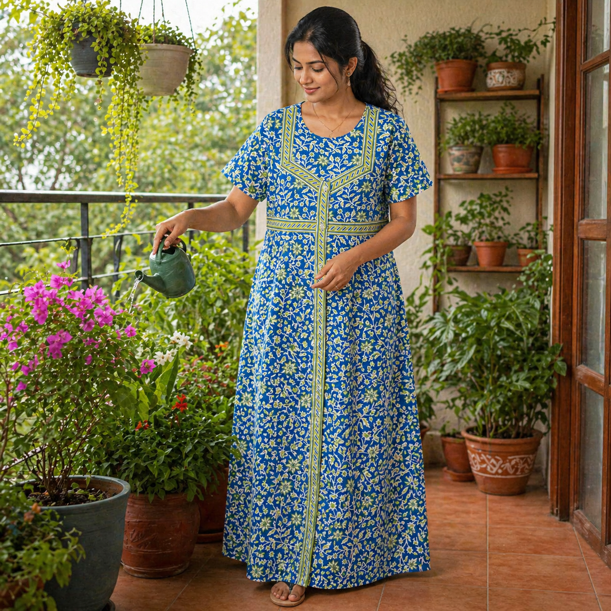 Blue Floral Cotton Nighty