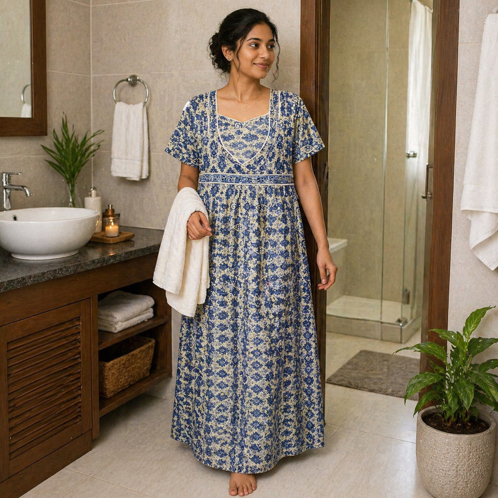 Women’s Cotton Nighty – Blue Floral Print Night Gown with Wrap Neck Design