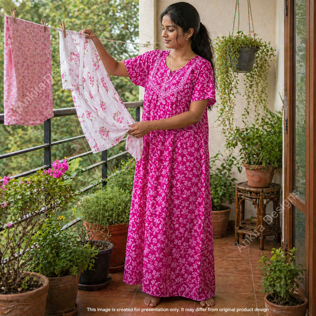 Women’s Cotton Nighty – Pink Printed Night Gown