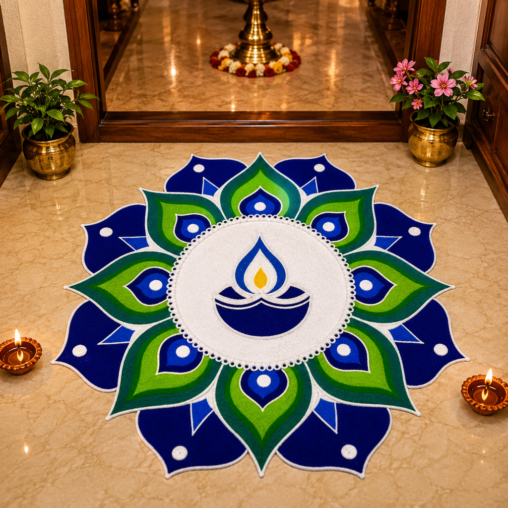दिवा डिझाइन प्रीमियम रेडीमेड रांगोळी मॅट | Premium Diya Design Ready Made Rangoli Mat