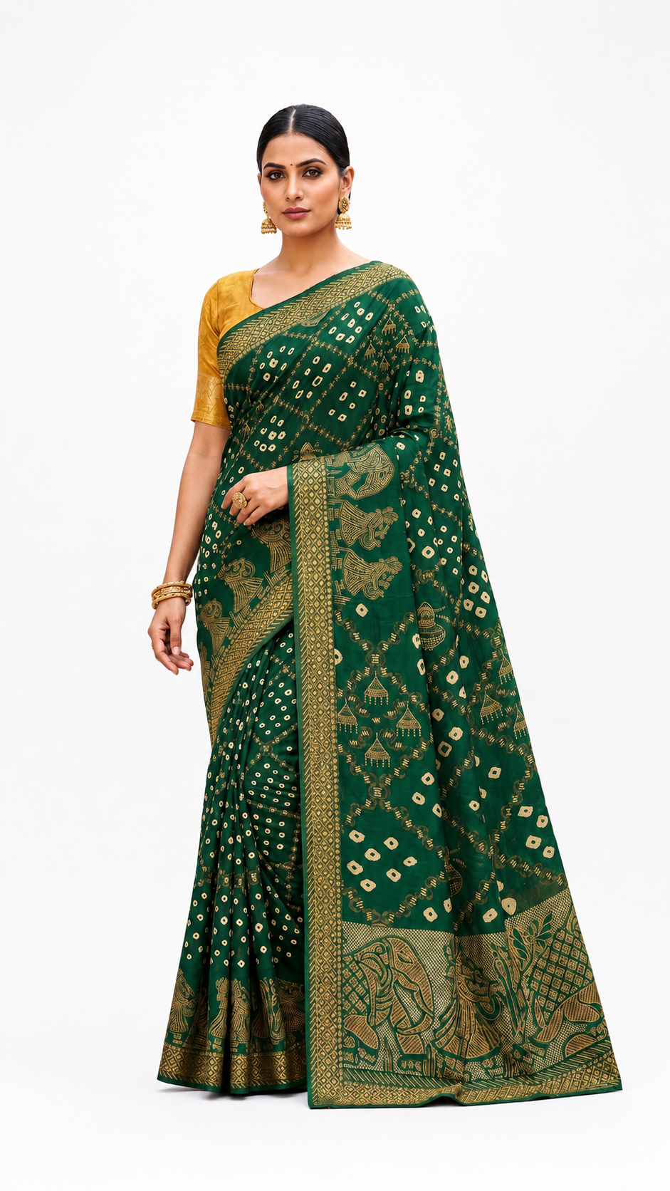 Green Bandhani Style Silk Saree with Golden Woven Border & Traditional Elephant Motif Pallu