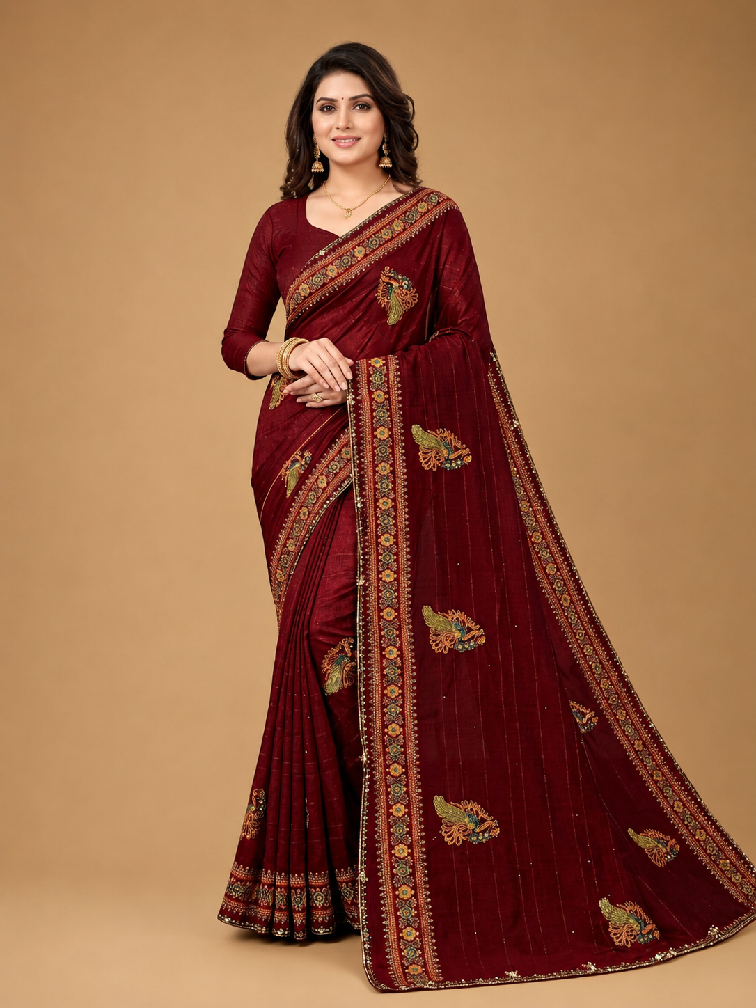 Maroon Embroidered Designer Saree with Peacock Motif Border