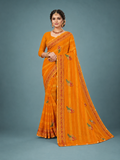 Mustard Orange Embroidered Designer Saree with Peacock Motif Border