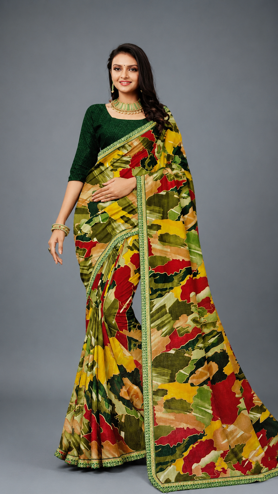 Multicolor Abstract Printed Designer Saree with Green Border