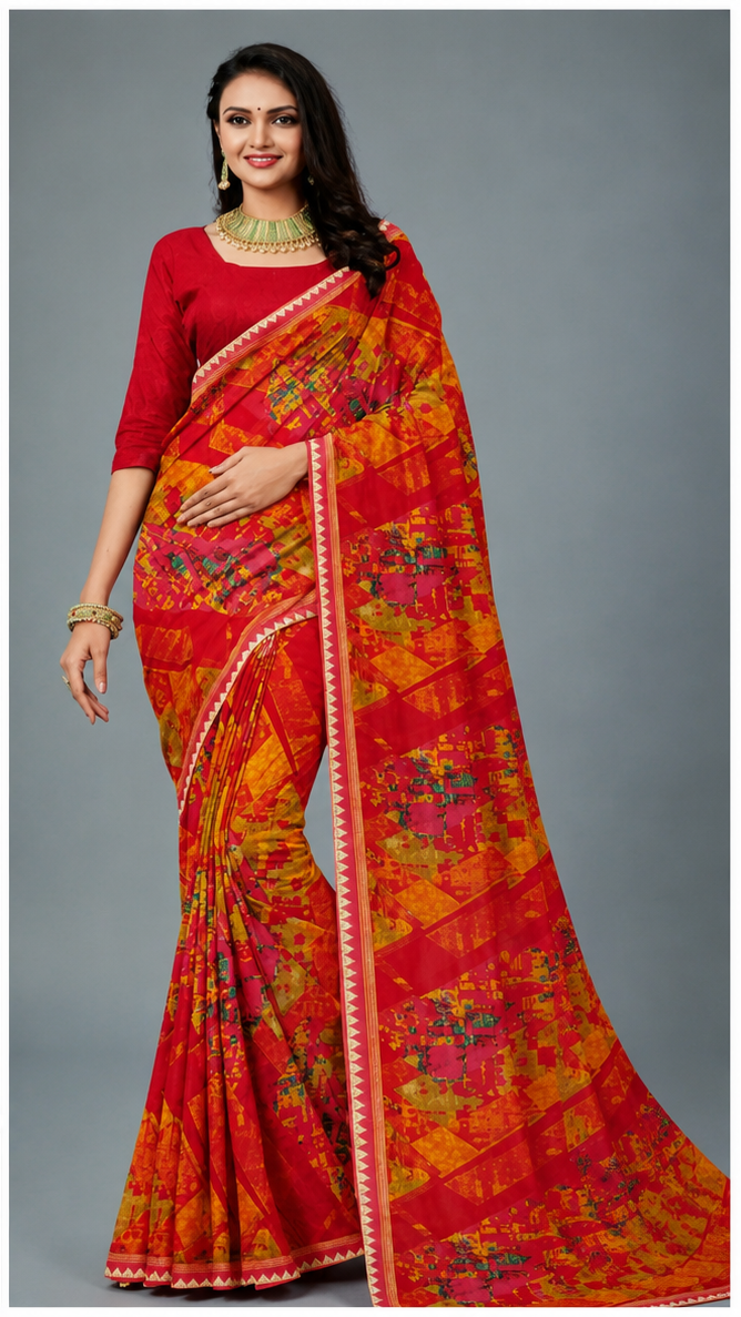 Red & Orange Abstract Printed Designer Saree with Geometric Art Pattern
