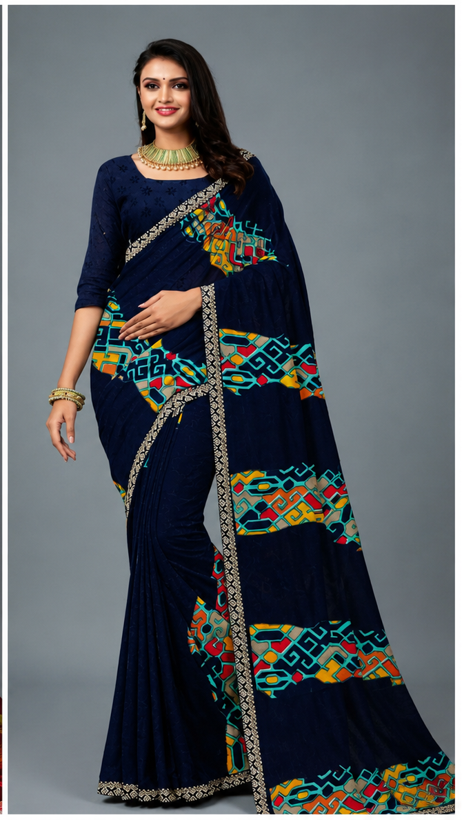 Navy Blue Designer Saree with Multicolor Geometric Printed Border