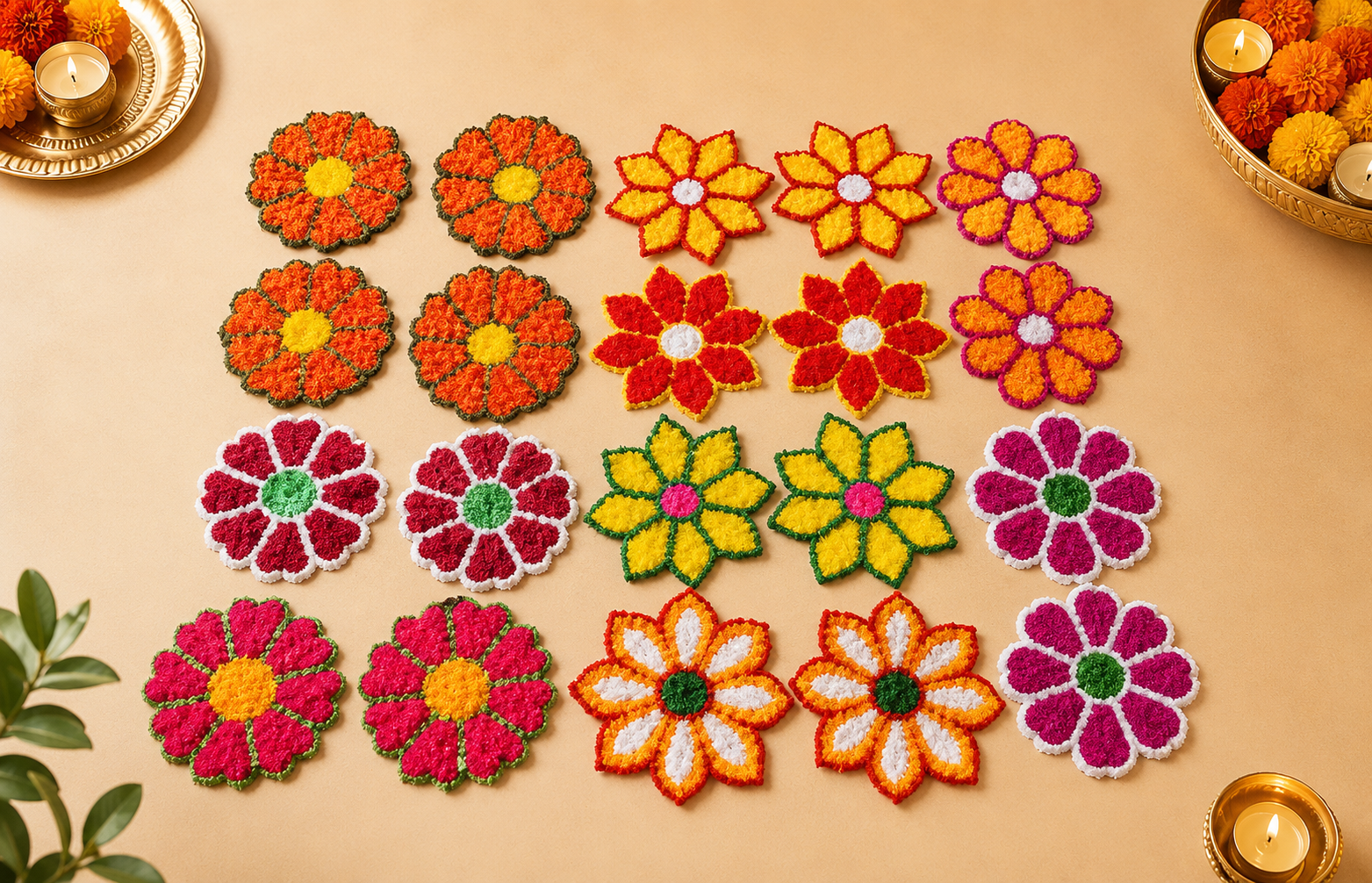 Designer Floral Rangoli Mats Set for Festive Home Decor