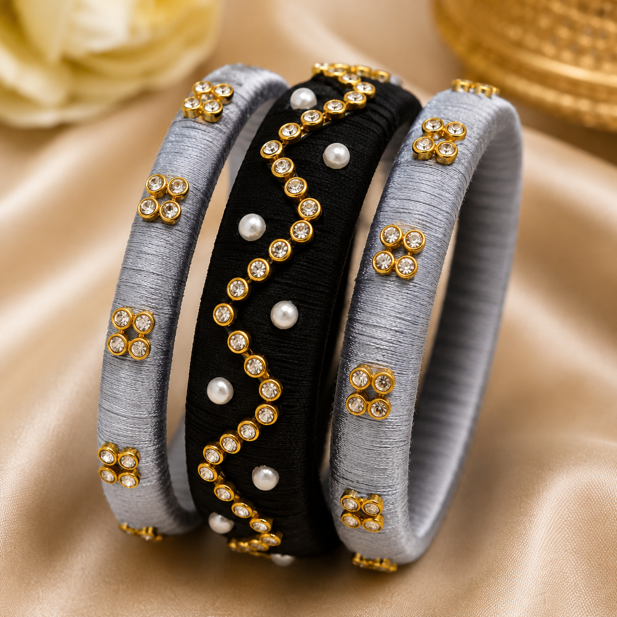 Silver & Black Designer Silk Thread Bangles Set