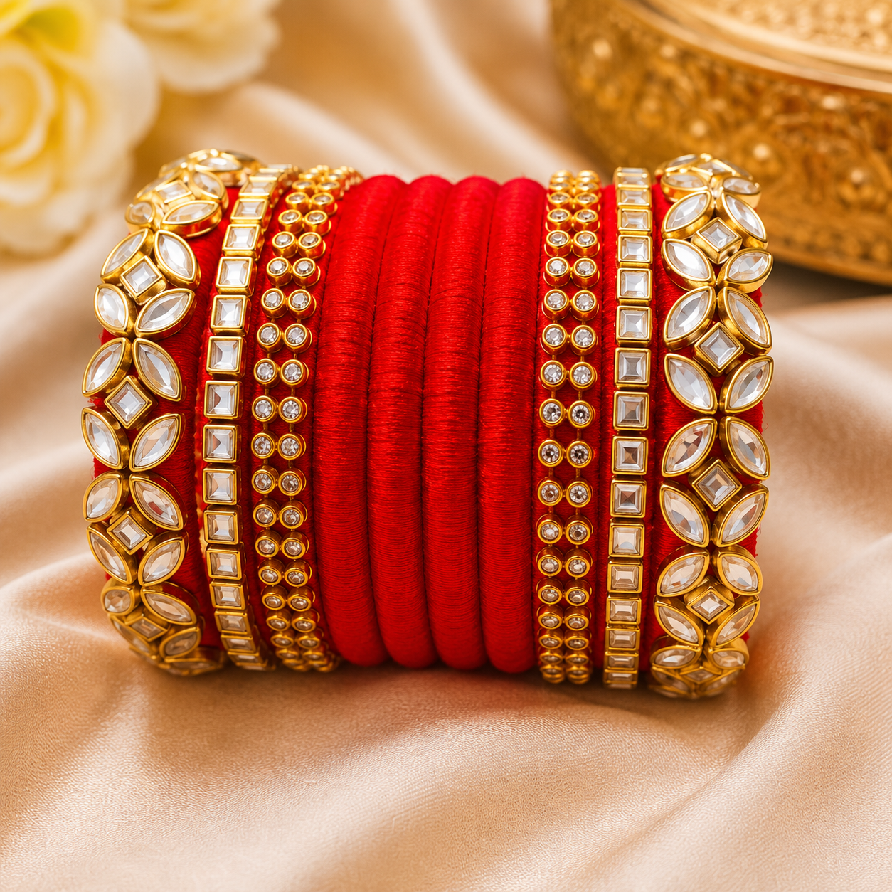 Premium Red Silk Thread Bangle Set with Kundan & Stone Work