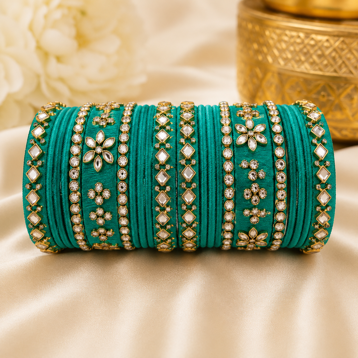 Elegant Turquoise Silk Thread Bangle Set with Floral & Stone Work