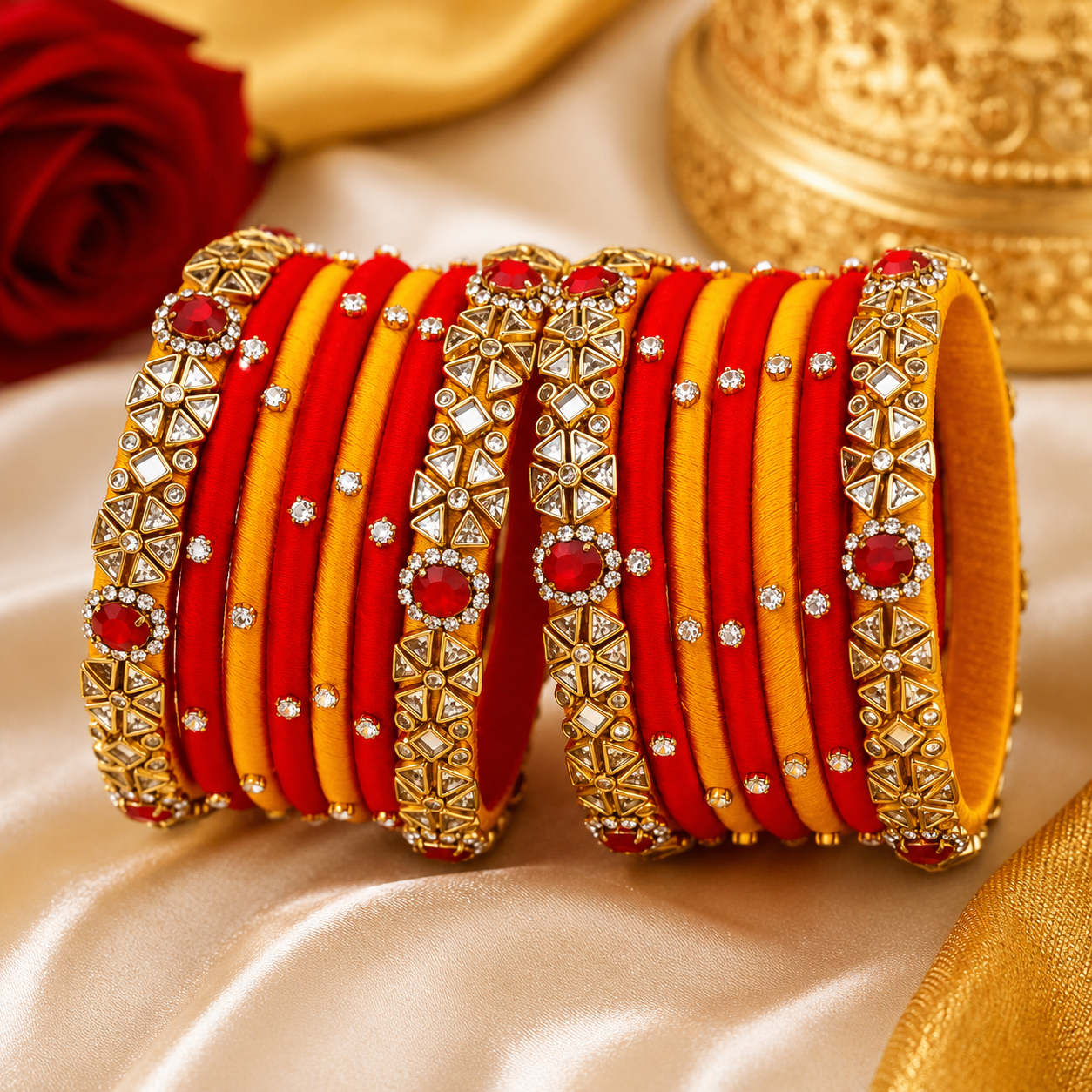 Traditional Red & Yellow Silk Thread Bangle Set with Stone Work