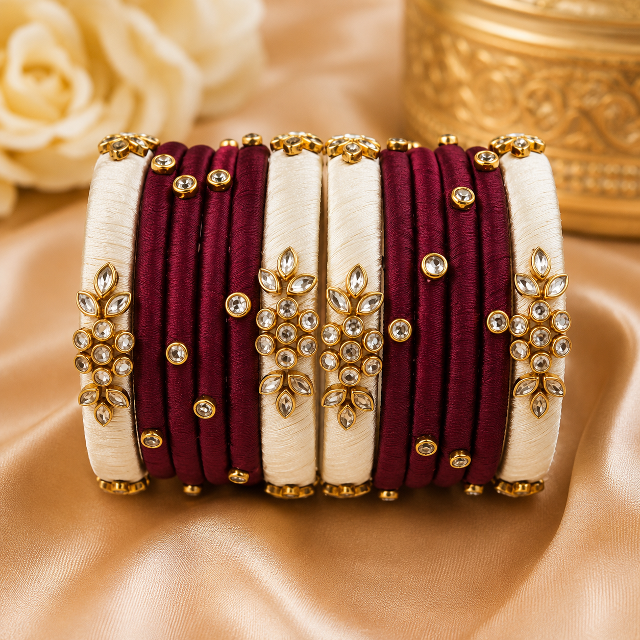 Royal Maroon & Ivory Silk Thread Bangles Set
