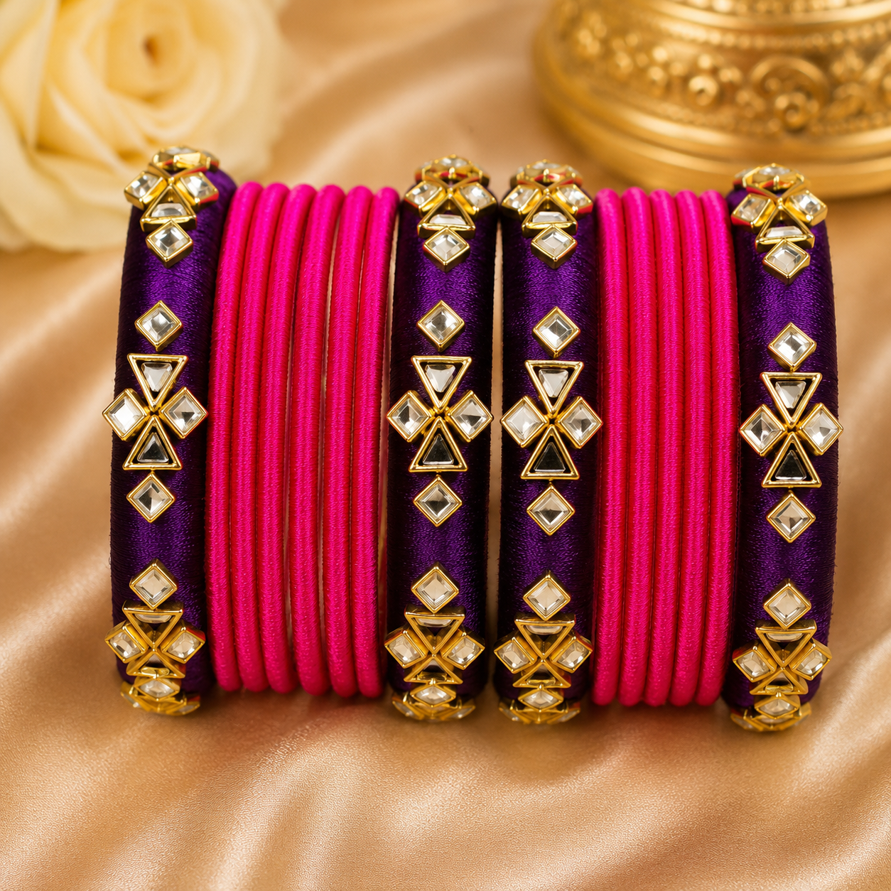 Royal Pink & Purple Silk Thread Bangles Set