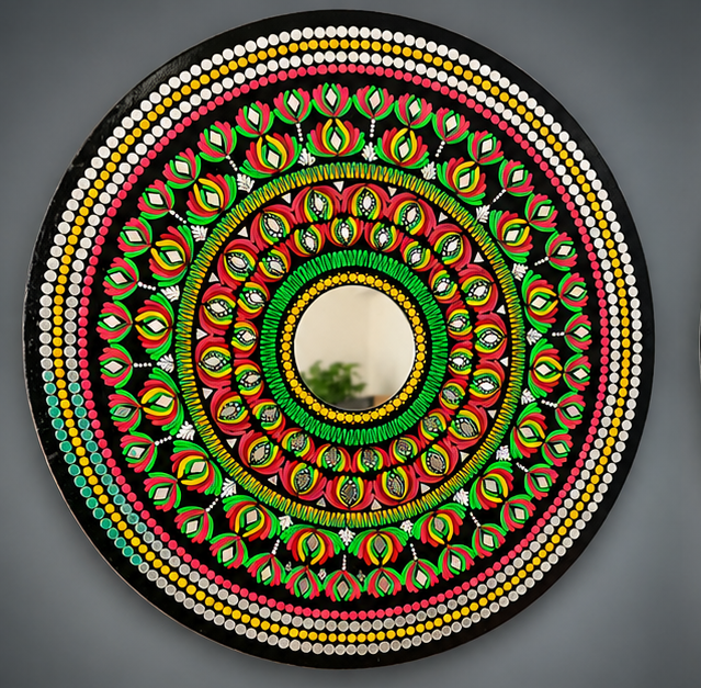 Handcrafted 24 Inch Green Floral Mandala Mirror Wall Art for Home Décor