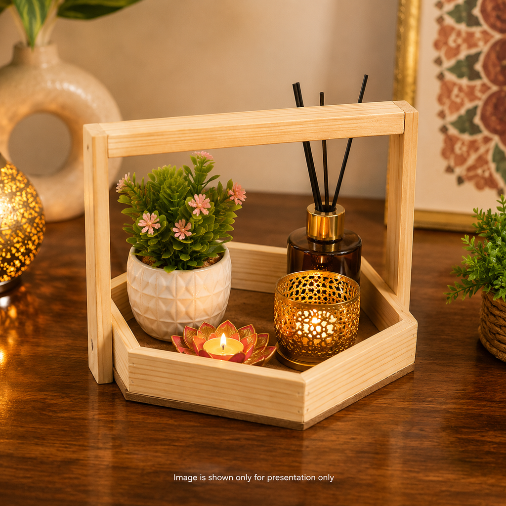Handcrafted Wooden Hexagon Utility Stand Tray for Home Décor & Gifting