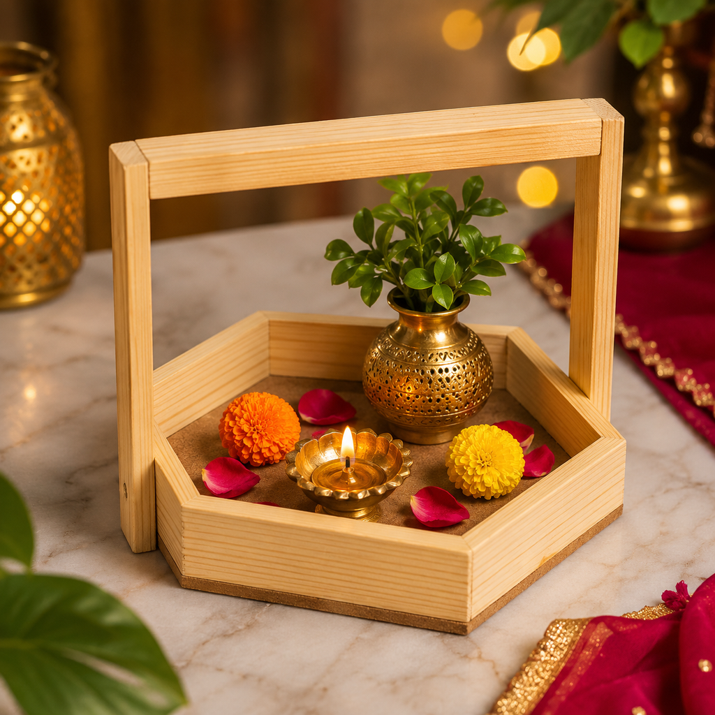 Handcrafted Wooden Hexagon Utility Stand Tray for Home Décor & Gifting