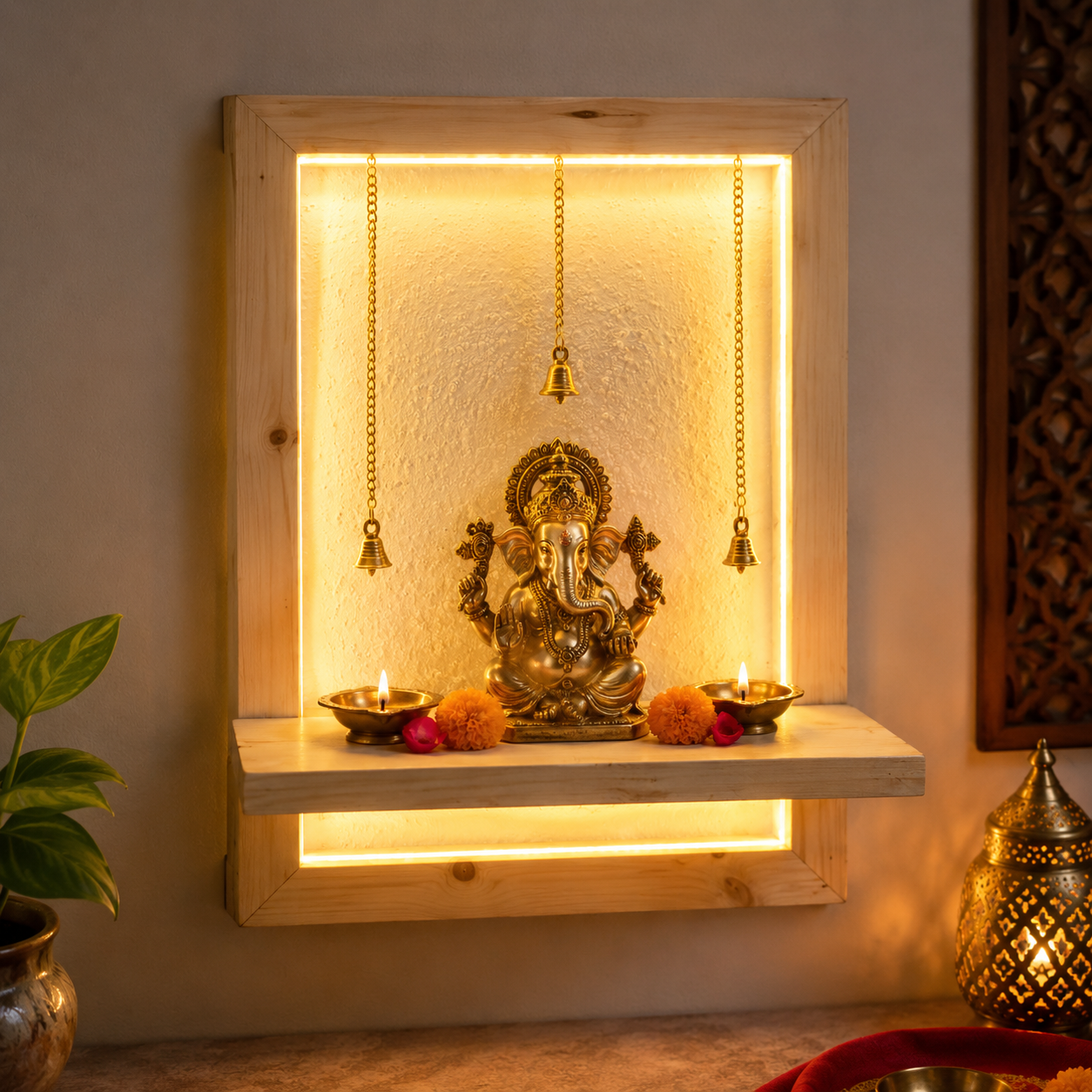 Handcrafted LED Wooden Wall Temple Shelf with Hanging Bells – Modern Pooja Décor Stand