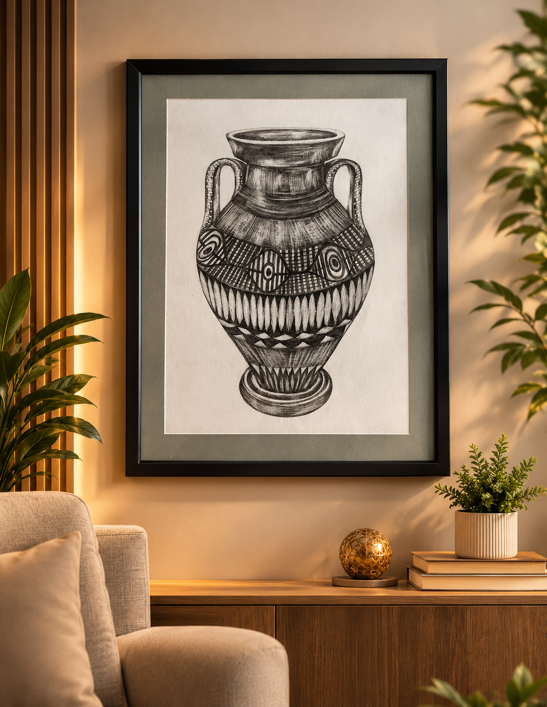 Elegant Handcrafted Pencil Sketch Jar Photo Frame – 11 x 14.5 Inch Wall Art for Living Room & Home Décor