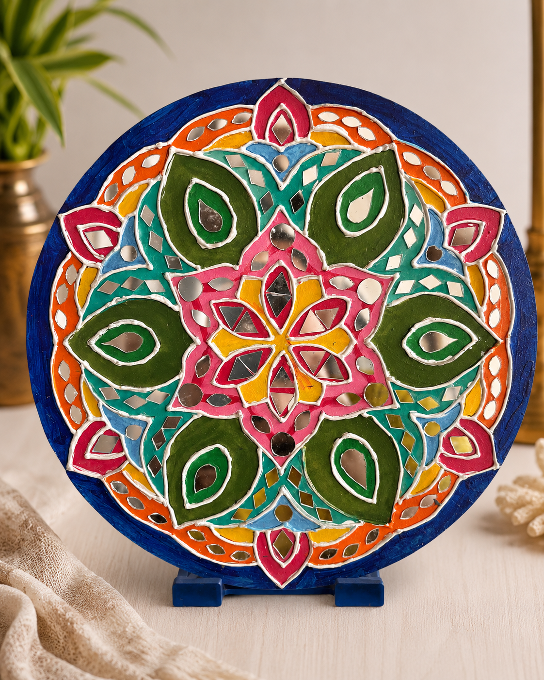 Handmade Mirror Work Decorative Mandala Plate | Multicolor Lippan Art Table & Wall Décor