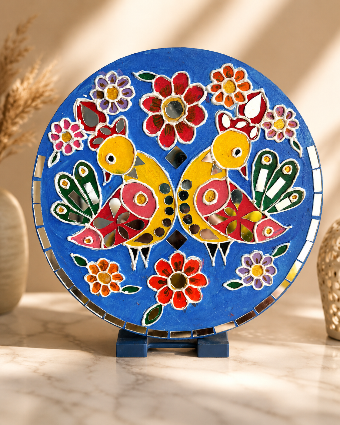 Handmade Mirror Work Bird Design Decorative Plate | Multicolor Lippan Art Table & Wall Décor