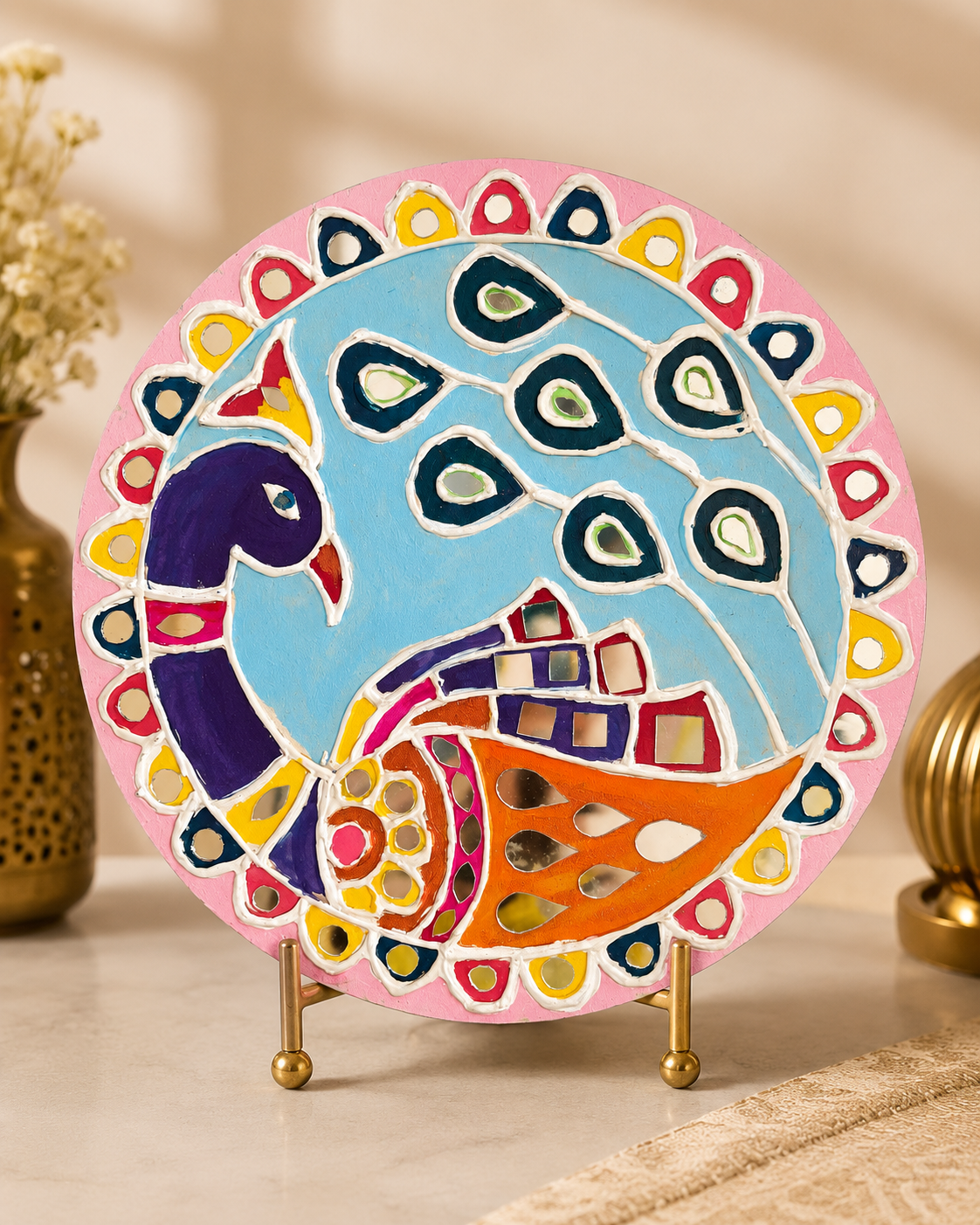 Handmade Mirror Work Peacock Decorative Plate | Multicolor Lippan Art Table & Wall Décor