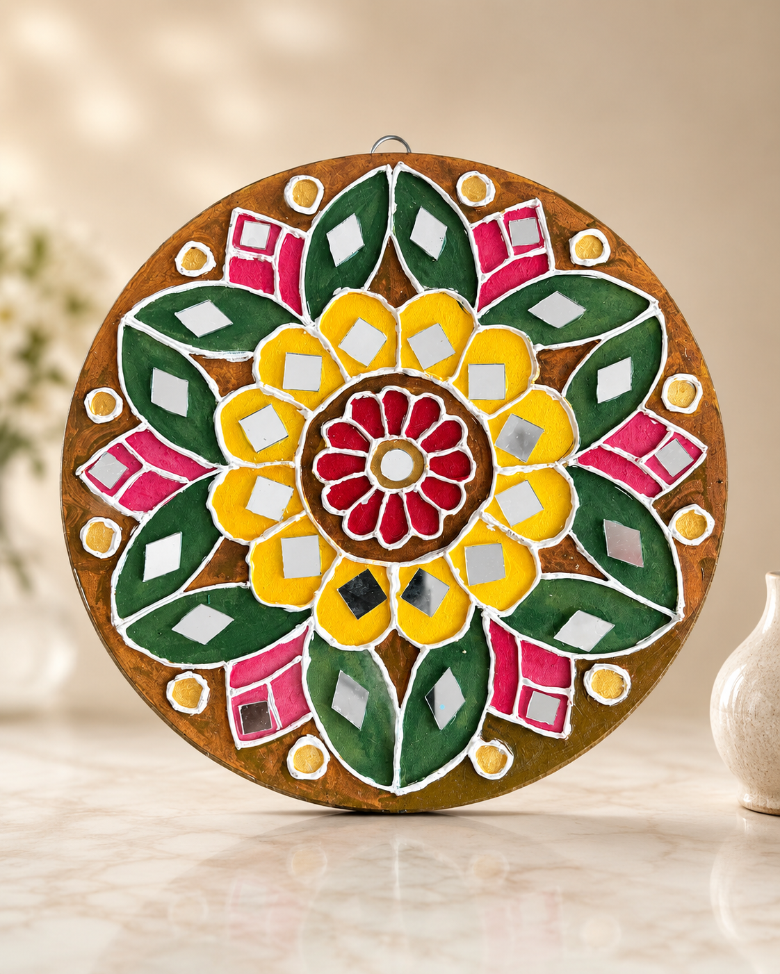 Handmade Mirror Work Floral Decorative Plate | Multicolor Mandala Table & Wall Décor
