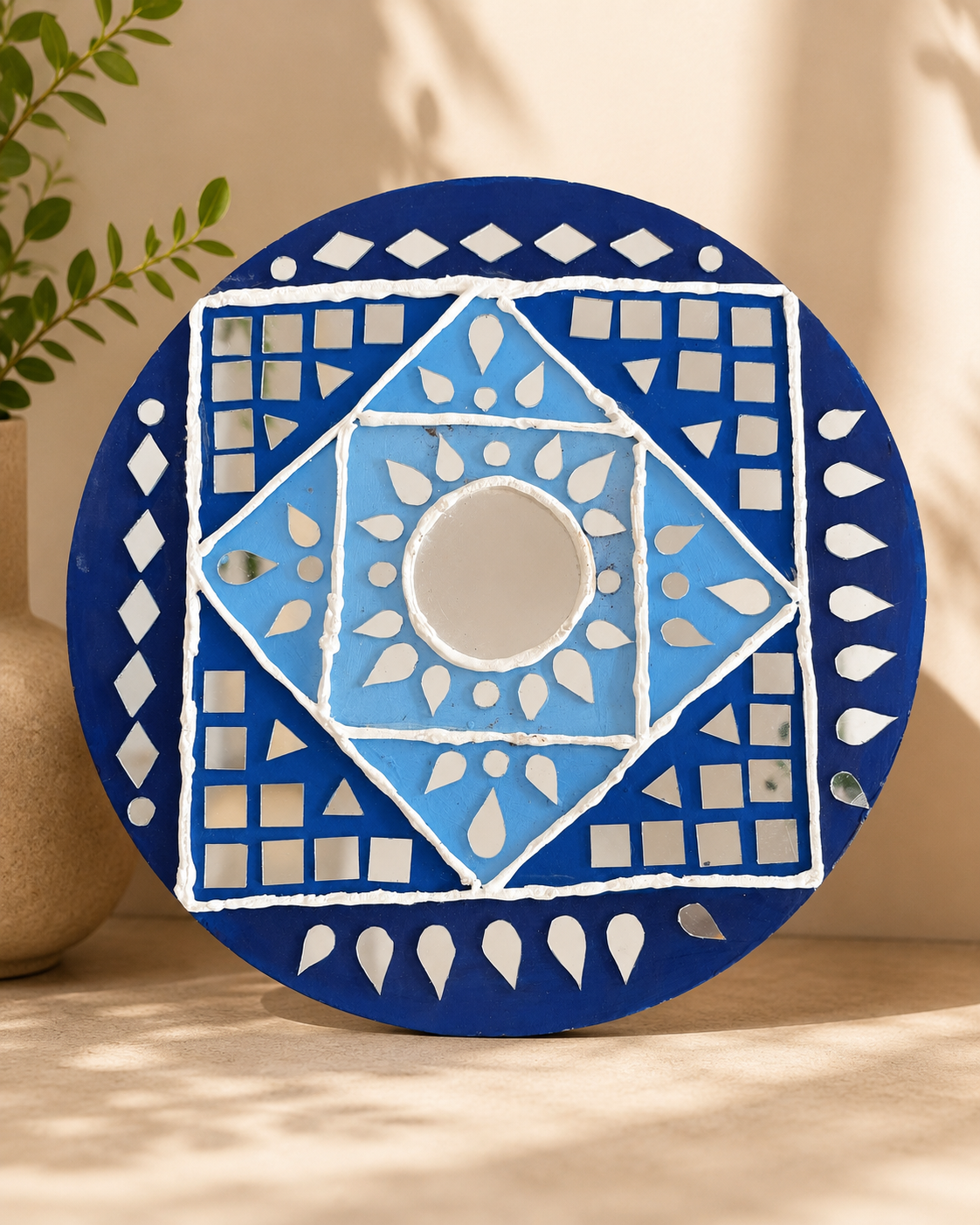 Handmade Blue Mirror Work Decorative Plate | Geometric Mandala Table & Wall Décor