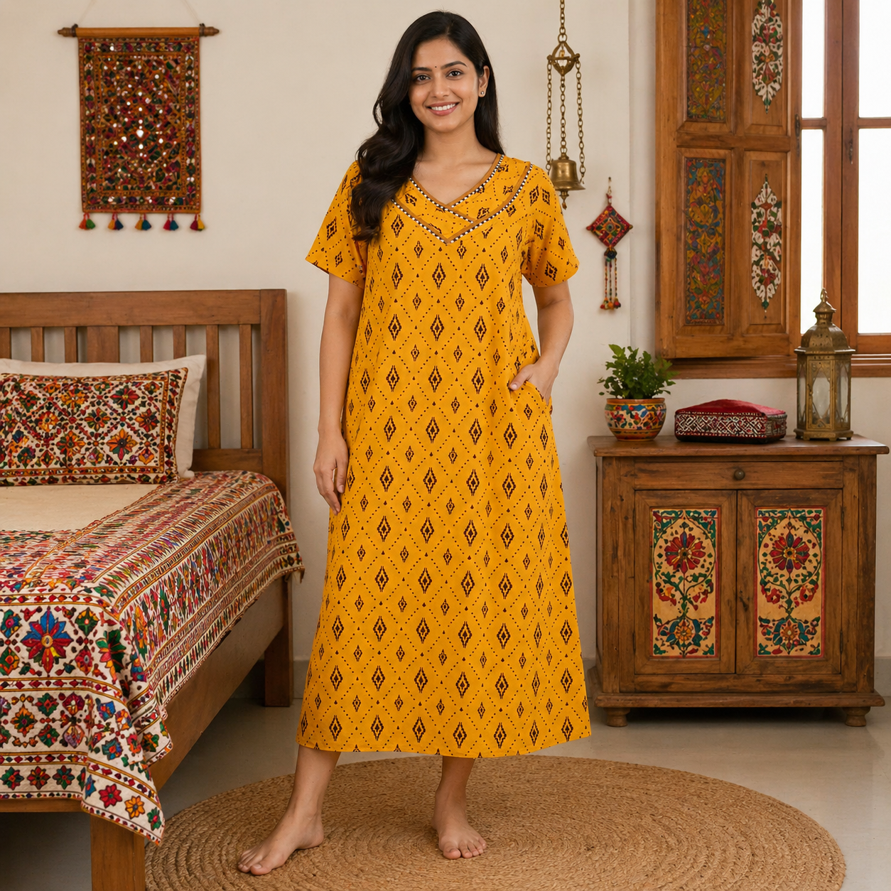 Cotton Printed Nighty for Women – V-Neck Comfortable Daily Wear Gown