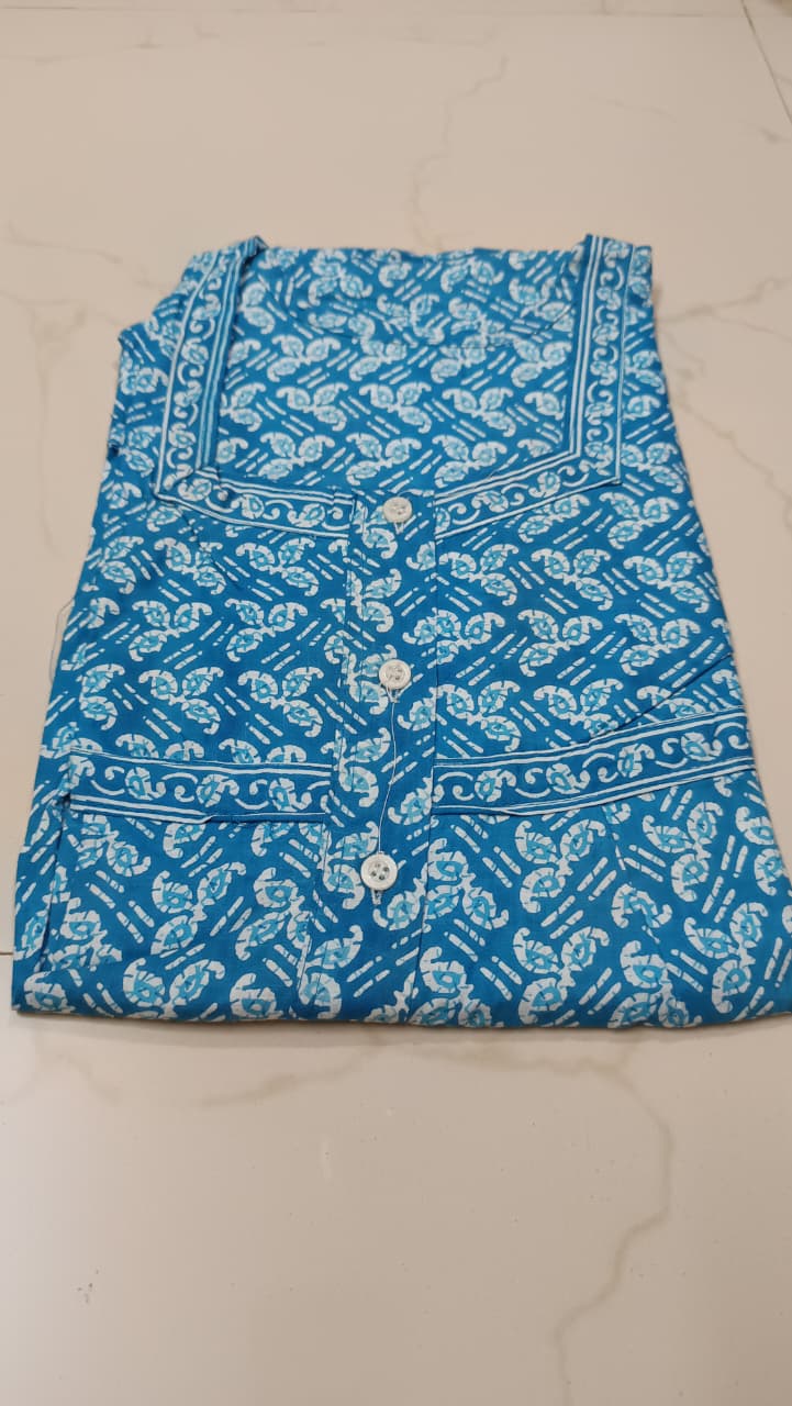 Women’s Jaipuri Cotton Nighty (Blue Handblock Print) – Comfortable Daily Wear Gown