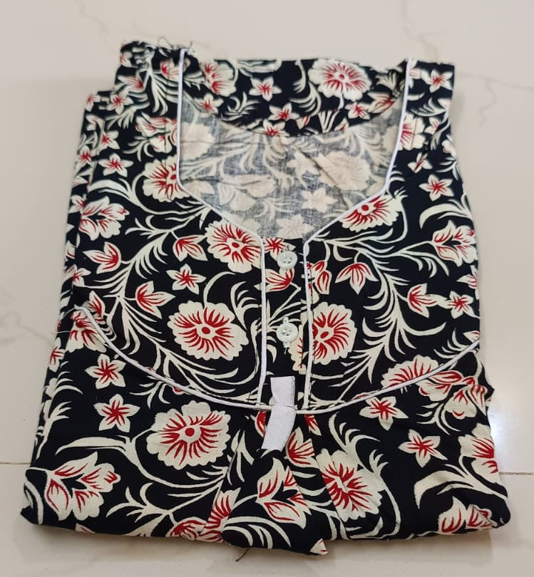 Floral Printed Cotton Nighty for Women – Comfortable Front-Open Daily Wear Gown