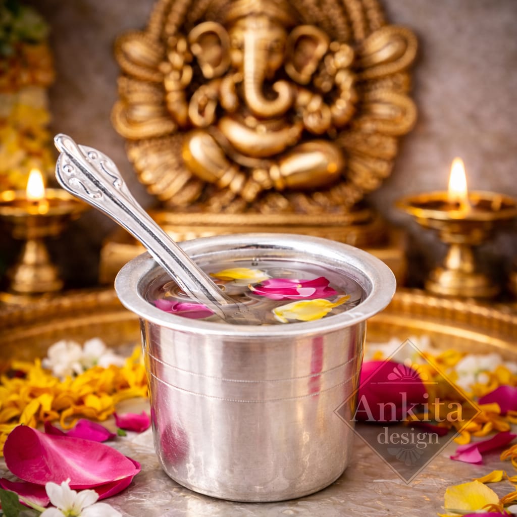 प्रीमियम सफेद धातु फूलपतरा पाली सेट | मंदिर और अनुष्ठान के उपयोग के लिए चम्मच के साथ पूजा जल पात्र