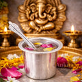 प्रीमियम सफेद धातु फूलपतरा पाली सेट | मंदिर और अनुष्ठान के उपयोग के लिए चम्मच के साथ पूजा जल पात्र