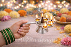 Premium White Metal Panch Aarti Diya | 5 Jyot Pooja Aarti Lamp with Agarbatti Holder for Home & Mandir