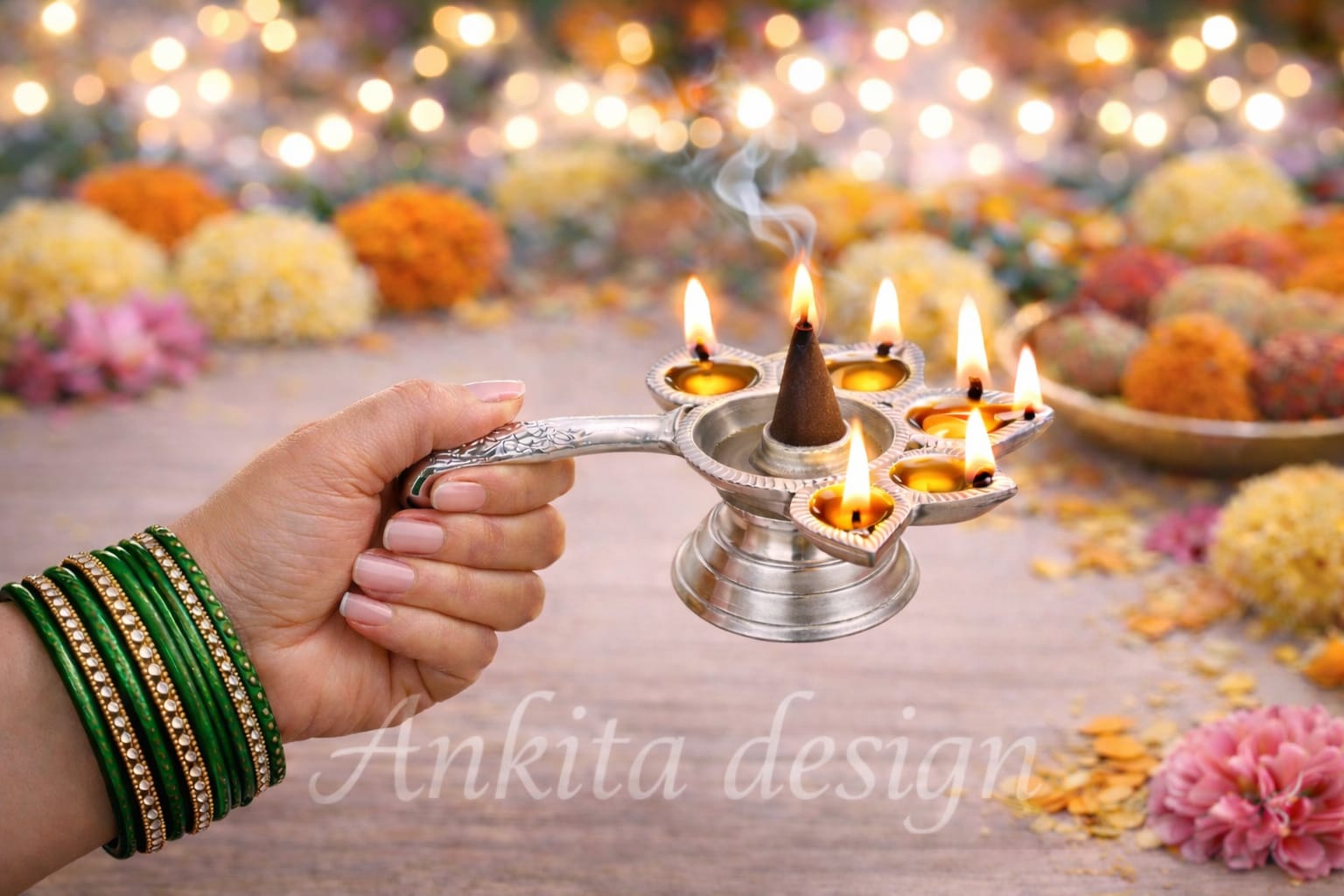Premium White Metal Panch Aarti Diya | 5 Jyot Pooja Aarti Lamp with Agarbatti Holder for Home & Mandir