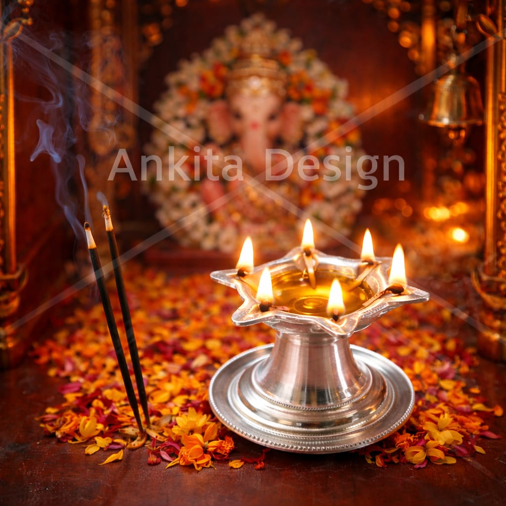 प्लेट निरंजन | प्लेटसह प्रीमियम व्हाईट मेटल 5 ज्योत दिवा | पूजा आणि मंदिरासाठी सिल्व्हर फिनिश आरती दिवा