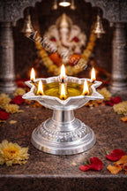 २ नं. निरंजन | व्हाईट मेटल ५ ज्योत स्टँडिंग दिया | सिल्व्हर फिनिश समयी तेल दिवा